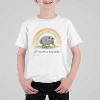 Cute Viral Raccoon Positive Quote T Shirt For Kid Different Is Beautiful Pastel Rainbow Graphic