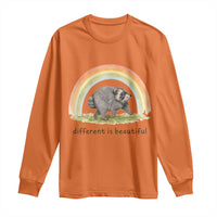 Cute Viral Raccoon Positive Quote Long Sleeve Shirt Different Is Beautiful Pastel Rainbow Graphic