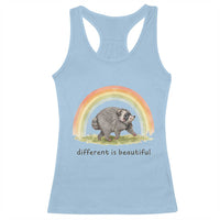 Cute Viral Raccoon Positive Quote Racerback Tank Top Different Is Beautiful Pastel Rainbow Graphic