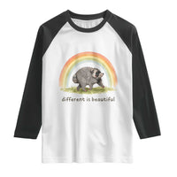 Cute Viral Raccoon Positive Quote Raglan Shirt Different Is Beautiful Pastel Rainbow Graphic