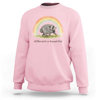 Cute Viral Raccoon Positive Quote Sweatshirt Different Is Beautiful Pastel Rainbow Graphic