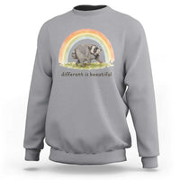 Cute Viral Raccoon Positive Quote Sweatshirt Different Is Beautiful Pastel Rainbow Graphic