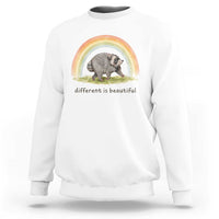Cute Viral Raccoon Positive Quote Sweatshirt Different Is Beautiful Pastel Rainbow Graphic