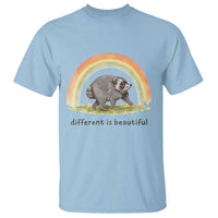 Cute Viral Raccoon Positive Quote T Shirt Different Is Beautiful Pastel Rainbow Graphic
