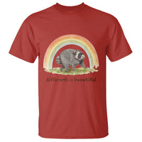 Cute Viral Raccoon Positive Quote T Shirt Different Is Beautiful Pastel Rainbow Graphic