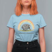 Cute Viral Raccoon Positive Quote T Shirt For Women Different Is Beautiful Pastel Rainbow Graphic