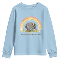 Cute Viral Raccoon Positive Quote Youth Sweatshirt Different Is Beautiful Pastel Rainbow Graphic
