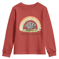 Cute Viral Raccoon Positive Quote Youth Sweatshirt Different Is Beautiful Pastel Rainbow Graphic