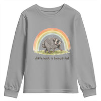 Cute Viral Raccoon Positive Quote Youth Sweatshirt Different Is Beautiful Pastel Rainbow Graphic