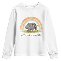 Cute Viral Raccoon Positive Quote Youth Sweatshirt Different Is Beautiful Pastel Rainbow Graphic
