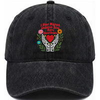 I Hear Migrant Children Also Have Heartbeats Washed Cotton Baseball Cap Groovy Retro Floral Hands Heart Social Justice