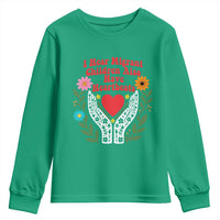 I Hear Migrant Children Also Have Heartbeats Youth Sweatshirt Groovy Retro Floral Hands Heart Social Justice