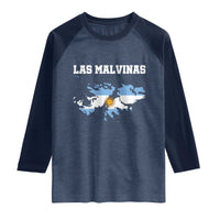 Las Malvinas Island Map Flag Graphic Raglan Shirt Patriotic Sovereignty Argentine Heritage Sun of May Pride