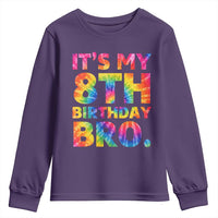 It is My 8th Birthday Bro Printed Tie Dye Graphic Youth Sweatshirt 8 Years Old Bday Party Retro Hippie Rainbow