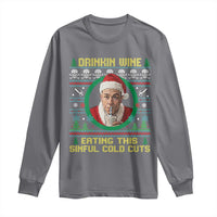 Funny Ed Gein Horror Christmas Meme Long Sleeve Shirt Drinking Wine Eating This Sinful Cold Cuts Viral Scene - Wonder Print Shop