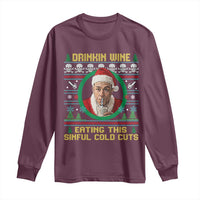 Funny Ed Gein Horror Christmas Meme Long Sleeve Shirt Drinking Wine Eating This Sinful Cold Cuts Viral Scene - Wonder Print Shop