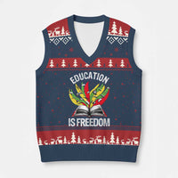 Education Is Freedom V-Neck Knit Sweater Vest Teaching Black History Month Books - Wonder Print Shop