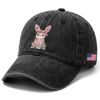 Cute Floral Easter Bunny Graphic Washed Cotton Baseball Cap Adorable Spring Rabbit with Flowers Pastel Aesthetic Gift