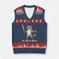 We Test At Dawn Raccoon Warrior V-Neck Knit Sweater Vest Funny Student Teacher Exam Motivation