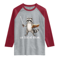 We Test At Dawn Raccoon Warrior Raglan Shirt Funny Student Teacher Exam Motivation