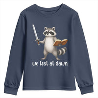 We Test At Dawn Raccoon Warrior Youth Sweatshirt Funny Student Teacher Exam Motivation