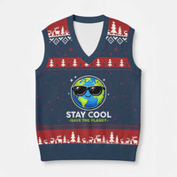 Stay Cool Save The Planet Eco-Friendly Earth Day V-Neck Knit Sweater Vest Cute Cartoon Globe with Sunglasses for Environmental Awareness