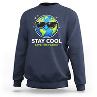 Stay Cool Save The Planet Eco-Friendly Earth Day Sweatshirt Cute Cartoon Globe with Sunglasses for Environmental Awareness
