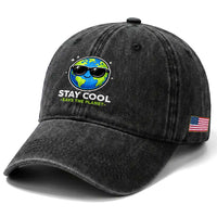 Stay Cool Save The Planet Eco-Friendly Earth Day Washed Cotton Baseball Cap Cute Cartoon Globe with Sunglasses for Environmental Awareness