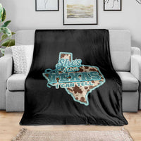 Retro Western She is From Texas I Can Tell Throw Blanket Trendy Turquoise Glitter Coquette and Cow Print Effect Graphic