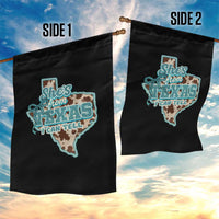 Retro Western She is From Texas I Can Tell Garden Flag Trendy Turquoise Glitter Coquette and Cow Print Effect Graphic