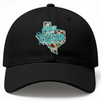 Retro Western She is From Texas I Can Tell Baseball Cap Trendy Turquoise Glitter Coquette and Cow Print Effect Graphic