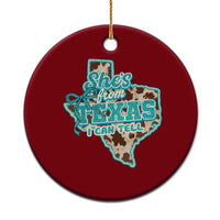 Retro Western She is From Texas I Can Tell Ceramic Ornament Trendy Turquoise Glitter Coquette and Cow Print Effect Graphic