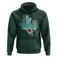 Retro Western She is From Texas I Can Tell Hoodie Trendy Turquoise Glitter Coquette and Cow Print Effect Graphic