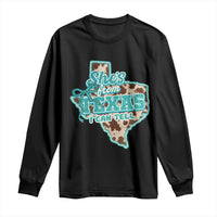 Retro Western She is From Texas I Can Tell Long Sleeve Shirt Trendy Turquoise Glitter Coquette and Cow Print Effect Graphic