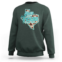 Retro Western She is From Texas I Can Tell Sweatshirt Trendy Turquoise Glitter Coquette and Cow Print Effect Graphic