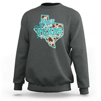 Retro Western She is From Texas I Can Tell Sweatshirt Trendy Turquoise Glitter Coquette and Cow Print Effect Graphic