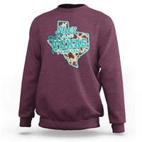 Retro Western She is From Texas I Can Tell Sweatshirt Trendy Turquoise Glitter Coquette and Cow Print Effect Graphic