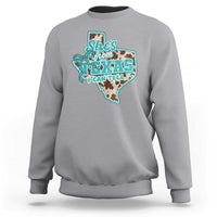 Retro Western She is From Texas I Can Tell Sweatshirt Trendy Turquoise Glitter Coquette and Cow Print Effect Graphic