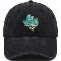 Retro Western She is From Texas I Can Tell Washed Cotton Baseball Cap Trendy Turquoise Glitter Coquette and Cow Print Effect Graphic