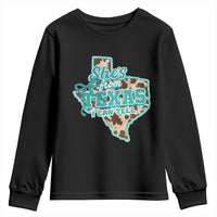 Retro Western She is From Texas I Can Tell Youth Sweatshirt Trendy Turquoise Glitter Coquette and Cow Print Effect Graphic