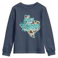 Retro Western She is From Texas I Can Tell Youth Sweatshirt Trendy Turquoise Glitter Coquette and Cow Print Effect Graphic