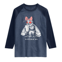 Mothma'am Pink Bow Cryptid Spooky Raglan Shirt Funny Cute Coquette Mothman Legend Graphic