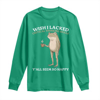 Funny Sarcastic Frog Drinking Coffee Meme Long Sleeve Shirt Wish I Lacked Critical Thinking Skills Y'all Seem So Happy Retro Vintage