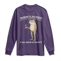 Funny Sarcastic Frog Drinking Coffee Meme Long Sleeve Shirt Wish I Lacked Critical Thinking Skills Y'all Seem So Happy Retro Vintage