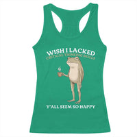 Funny Sarcastic Frog Drinking Coffee Meme Racerback Tank Top Wish I Lacked Critical Thinking Skills Y'all Seem So Happy Retro Vintage