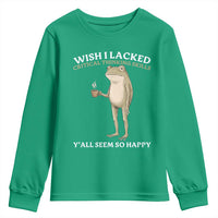 Funny Sarcastic Frog Drinking Coffee Meme Youth Sweatshirt Wish I Lacked Critical Thinking Skills Y'all Seem So Happy Retro Vintage