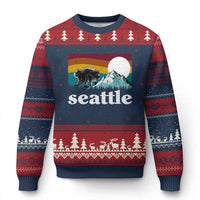 Seattle WA Mountains Jimothy the Raccoon Graphic Ugly Christmas Sweater Retro Vintage Sunset Viral Trash Panda Feral Legend