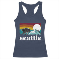 Seattle WA Mountains Jimothy the Raccoon Graphic Racerback Tank Top Retro Vintage Sunset Viral Trash Panda Feral Legend