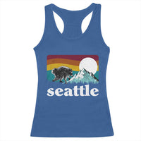 Seattle WA Mountains Jimothy the Raccoon Graphic Racerback Tank Top Retro Vintage Sunset Viral Trash Panda Feral Legend