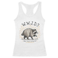 What Would Jimothy Do WWJD Funny Parody Racerback Tank Top Viral Seattle Raccoon Meme Feral Legend Humor